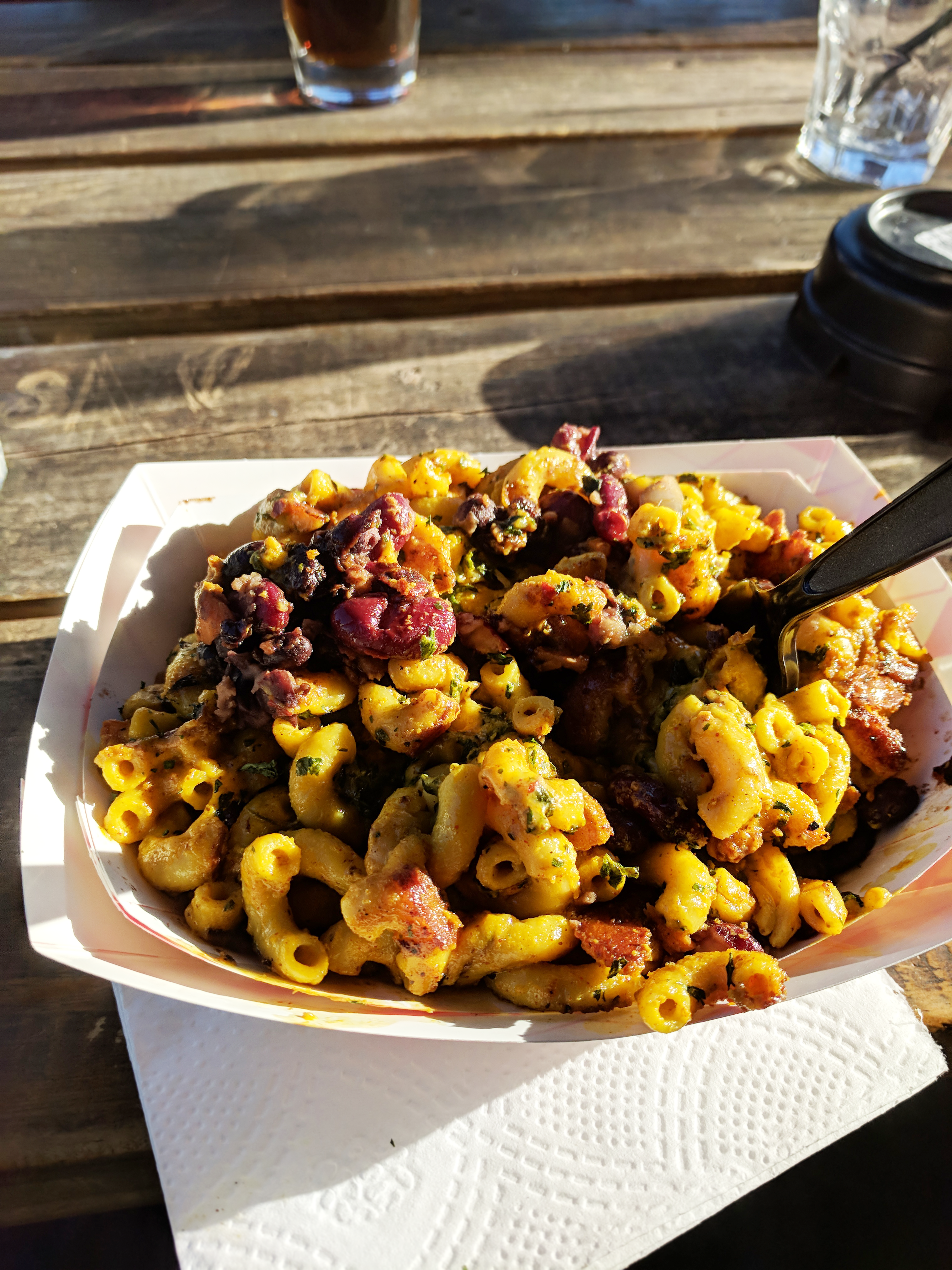 mac and cheese with a red bean chili